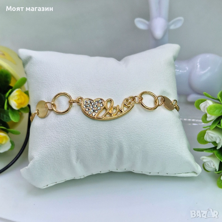 Дамска гривна „Love“ с кристали от медицинска стомана с 18K позлата, снимка 1