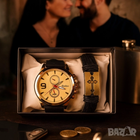 Мъжки комплект Geduo – елегантен часовник със златист циферблат и кожена гривна в подаръчна кутия, снимка 4 - Бижутерийни комплекти - 51947439