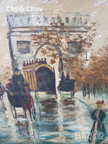 120х80см/стара голяма картина масло върху платно/градски пейзаж-Париж-карети/барокова дървена рамка, снимка 6 - Картини - 50978182