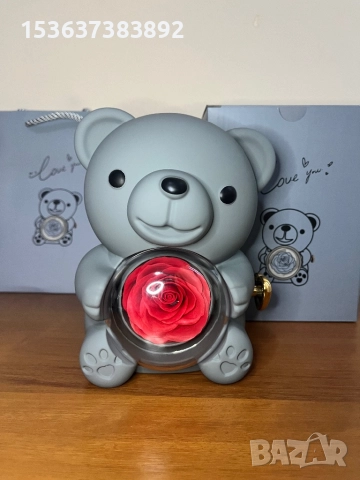 Сребърно колие с мече, роза и торбичка, рожден ден, годишнина, подарък, снимка 5 - Колиета, медальони, синджири - 51761482