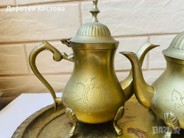 Красив месингов комплект от Англия - 5 части, за кафе / чай , снимка 2 - Антикварни и старинни предмети - 53742554