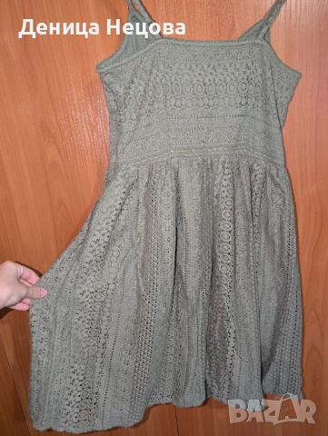 Рокля с дантела, зелена рокля, цвят каки, снимка 4 - Рокли - 52704673