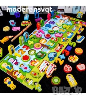 Дървена дъска сортер за учене, смятане, форми 7в1