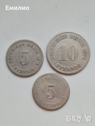 Германия Сет от 3 монети. 10 Фенинга 1876 и 2×5 фенинга 1876 год , снимка 1 - Нумизматика и бонистика - 36215737