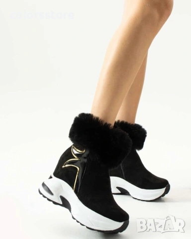 Боти на платформа - черен велур с пух - BH2025

