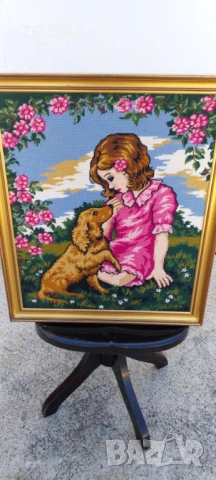 Гоблен"Момиче с куче", снимка 5 - Гоблени - 53809236