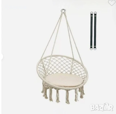 Висяща, укачаща се градинска люлка и за тераса хамак макраме, плетена Ø60x80 см. До 120 кг., снимка 3 - Градински мебели, декорация  - 53712891