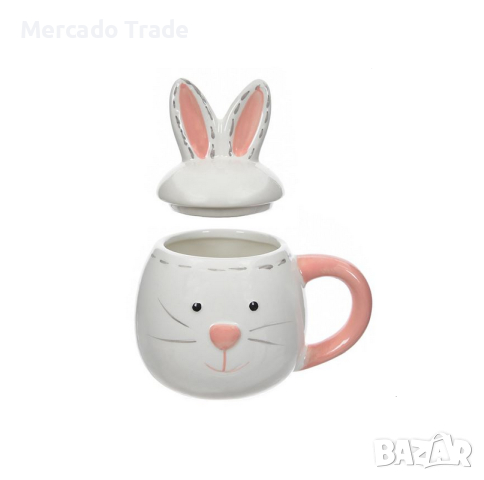 Великденска чаша Mercado Tarde, 3D Заек с капак, Керамична, Бяла , снимка 2 - Чаши - 44599935