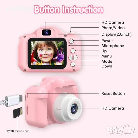 Детски Смарт Дигитален Фотоапарат Goopow (20MP, 1080P, Двойна Камера, 32GB Карта, Защитен Калъф)  , снимка 8 - Фотоапарати - 55910997