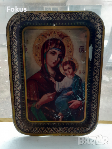 Стар метален поднос икона тава религия богородица, снимка 3 - Антикварни и старинни предмети - 36129270