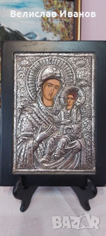 Стара гръцка икона на Богородица с Младенеца. Сребърна 950. Перфектно състояние., снимка 3 - Икони - 50756717