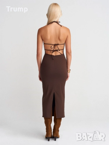 Рокля миди с деколте халтер - цвят кафе