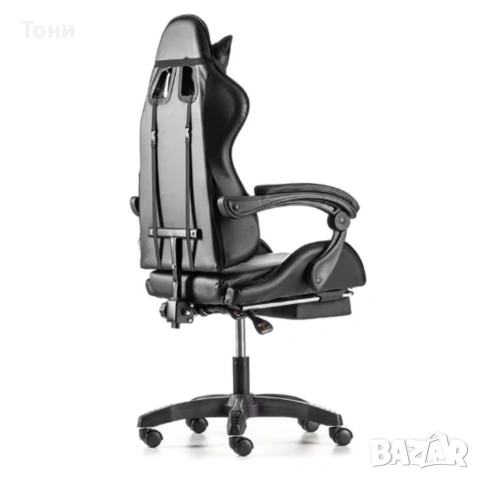 Черен геймърски стол с прибираща се поставка за крака – максимален комфорт при дълги часове игра, снимка 5 - Столове - 53240032