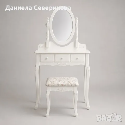 Бяла козметична тоалетка с овално огледало и табуретка, снимка 5 - Тоалетки - 56194921