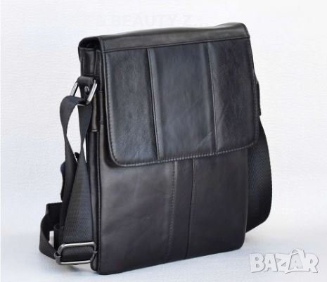 Мъжка  кафява кожена чанта с капак от телешки бокс черно, дъб  и  тик, снимка 4 - Чанти - 38999742