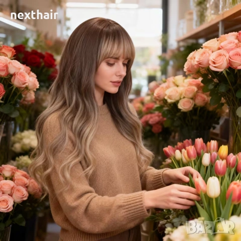 Дълга омбре перука с бретон - кафяво към пепеляво русо, меки вълни, снимка 6 - Аксесоари за коса - 53831185