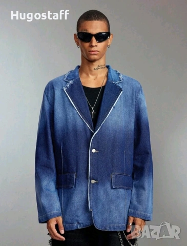 Ново мъжко дънково сако блейзър яке изтъркан ефект синьо деним памук ХЛ, снимка 3 - Сака - 53856487