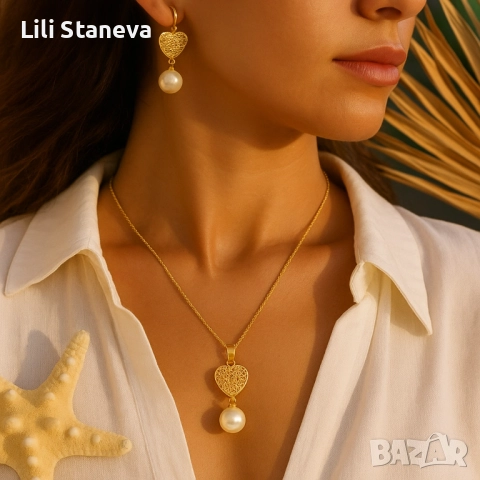 Модерен комплект бижута с перли и сърце. , снимка 3 - Бижутерийни комплекти - 51475440