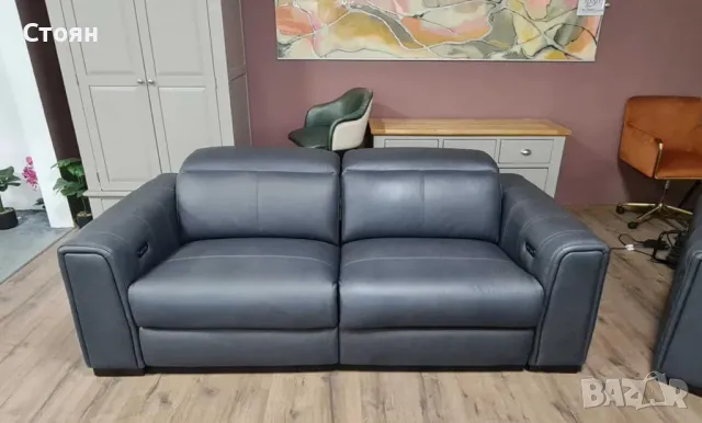 Сив кожен комплект дивани тройка и двойка с ел. релакс механизъм Mason, снимка 3 - Дивани и мека мебел - 47498842