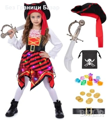 Нов Детски пиратски костюм за момиче със светеща рокля и шапка 5/6 години