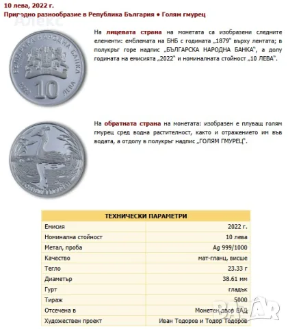 Монета Голям гмурец 2022 