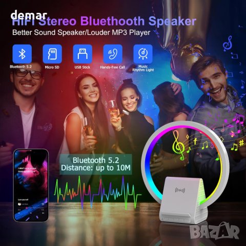 Нощна лампа и Bluetooth високоговорител AUYLE, 15 W безжично зареждане, снимка 5 - Настолни лампи - 42742492