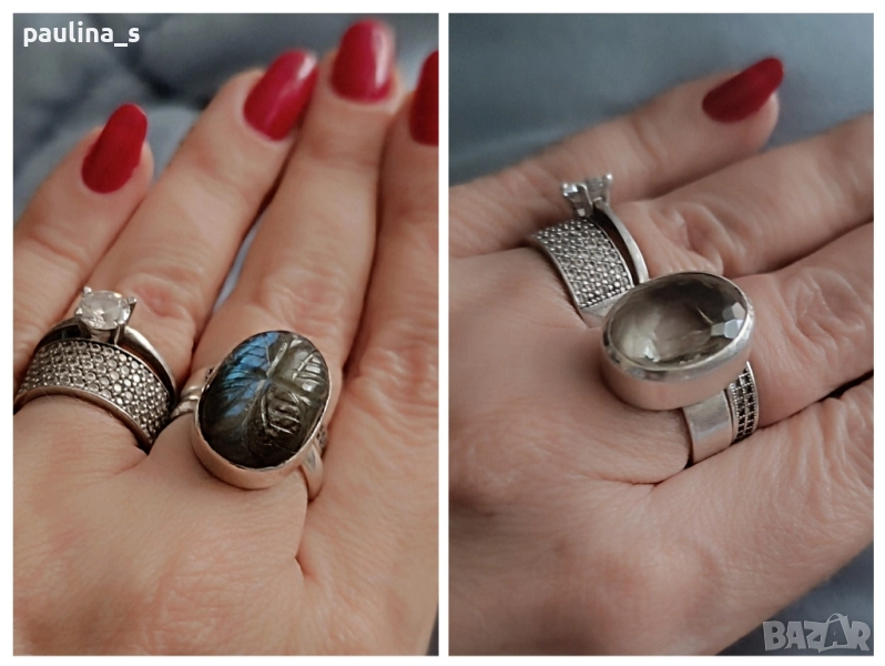 Два броя / Винтидж / Сребърен пръстен проба 925 с гравиран Лабрадорит и Празеолит , снимка 1