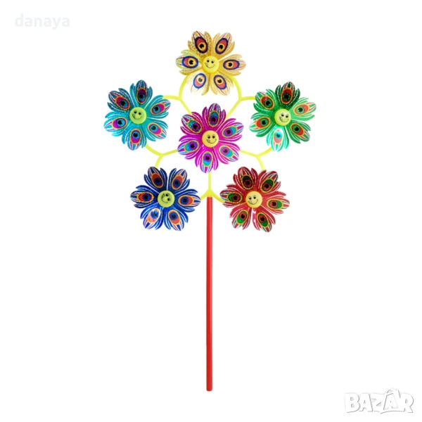 5998 Вятърна въртележка за градина с 6 усмихнати цветя, 55 см, снимка 1