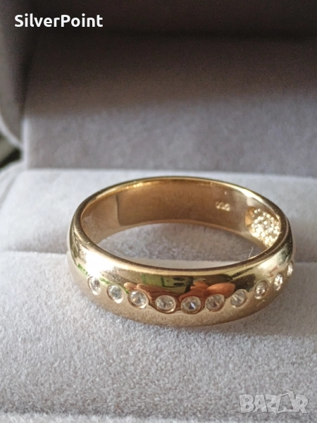 Сребърен пръстен с позлата и натурални бели Циркони , снимка 1