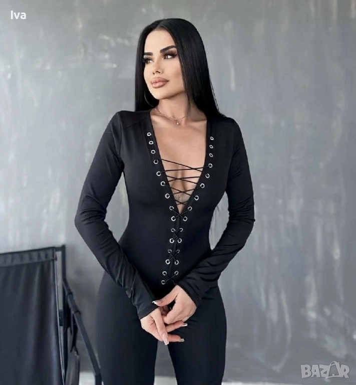 Стилен черен гащеризон,с връзки, супер подчертаващ, размери, снимка 1