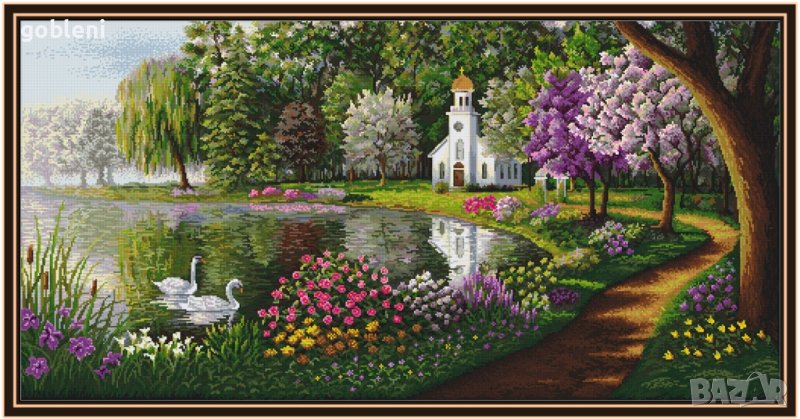 Гоблен  "ПАРАКЛИС КРАЙ ЕЗЕРОТО" Д 46; шев 1:1; размери/56*28/см.; 63 цвята; 77 лв., снимка 1