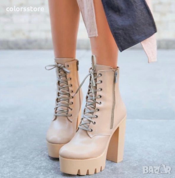 Боти на ток - бежова кожа - BT13, снимка 1