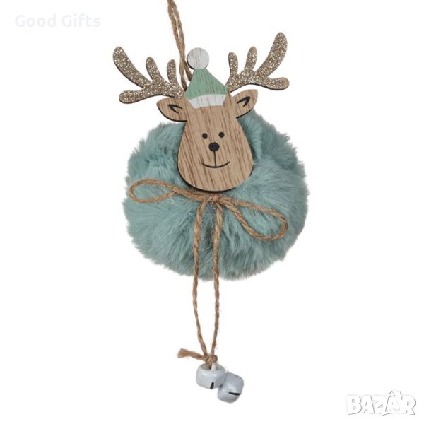 3 броя Дървени коледни висулки за елха, Пухкаво Еленче, цвят Мента, 17см, снимка 1