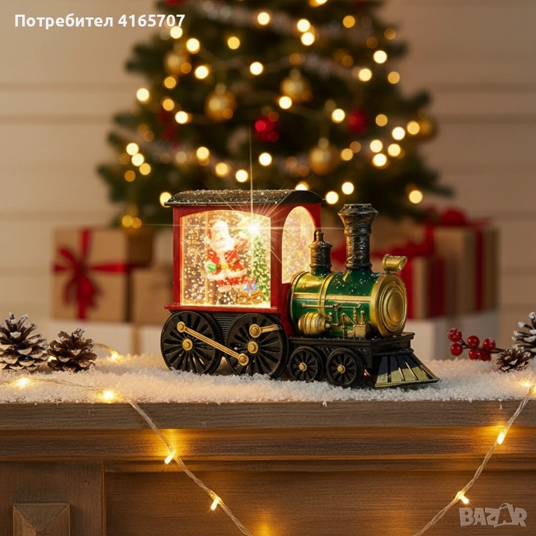 Коледна декоративна композиция „Влакът на Дядо Коледа“ с LED светлина, вода и брокат, снимка 1