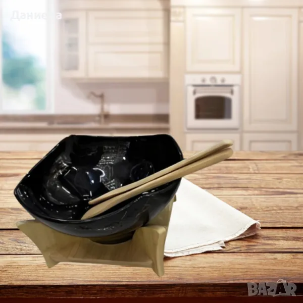 Елегантен сет за сервиране с купа и дървена поставка, снимка 1