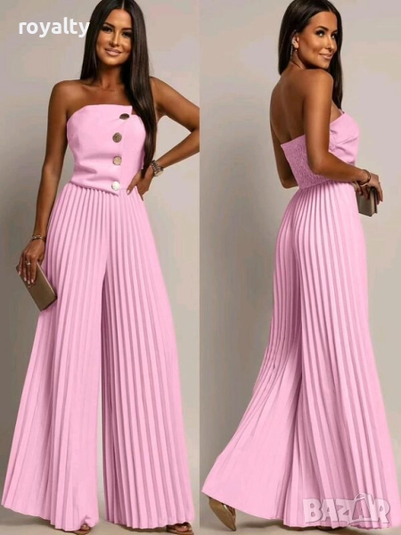 Елегантен розов гащеризон с широки крачоли, снимка 1