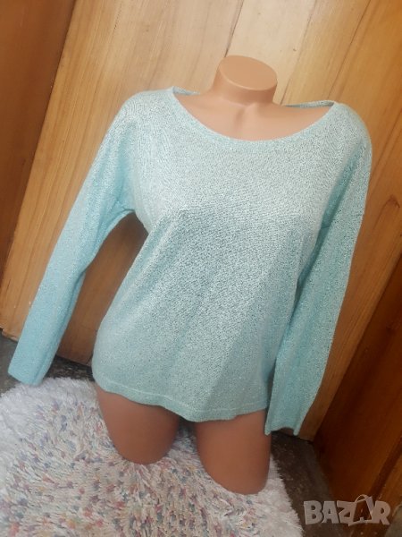 Светло тюркоазена блуза тип прилеп с 7/8 ръкав и сребриста нишка С/М, снимка 1