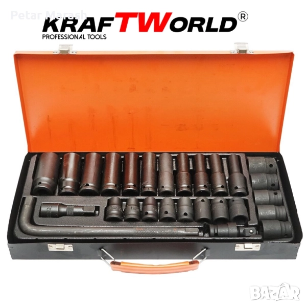 Комплект ударни вложки 27 части KraftWorld – 1/2″, с удължител и ударен кардан, снимка 1
