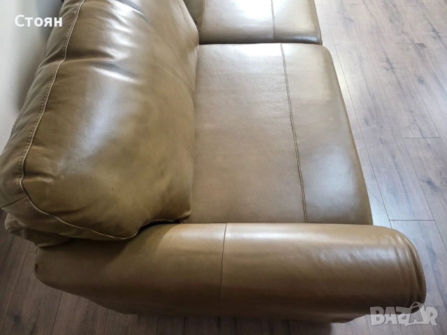 Светло кафяв кожен диван четворка, снимка 10 - Дивани и мека мебел - 53721125