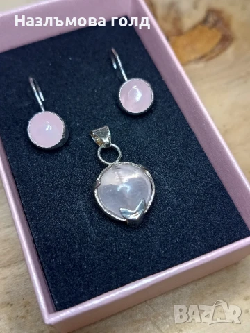 ръчно изработени сребърни обеци с медальон и розов кварц