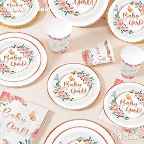 Нов комплект Флорални чинии салфетки чаши за бебешко парти момиче , снимка 6 - Други - 40094755