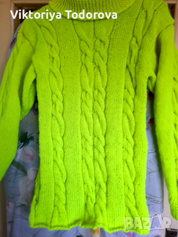 Неон жълт пуловер-ръчно плетиво-коледна оферта 