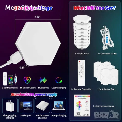 Хексагонални LED Панели MeRGBW-Home (8 броя) – Смарт Стенно Осветление за Гейминг и Декор, снимка 3 - Лед осветление - 55724977