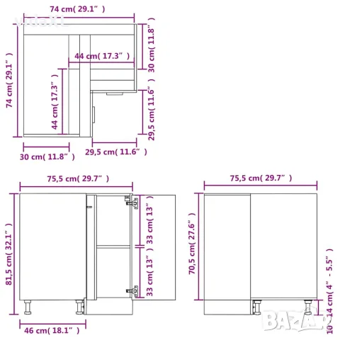 vidaXL Ъглов долен шкаф "Lyon" дъб сонома 75,5x75,5x81,5 см, инженерно дърво, снимка 10 - Шкафове - 56147731