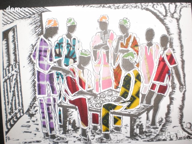 Художествена картичка върху текстилна основа-Мъже в Африка
