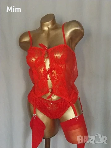 Cottelli Collection S/L Ярко червен прозрачен корсет с жартиери ,полупрашка чорапи 