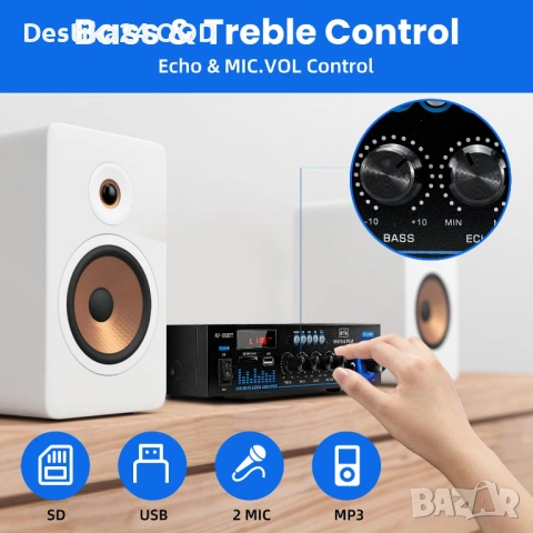 Компактен 360W Bluetooth Усилвател HiFi с LCD и FM Радио, снимка 2 - Ресийвъри, усилватели, смесителни пултове - 53451927