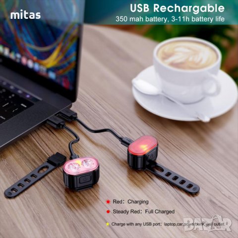 Комплект акумулаторни, водоустойчиви LED светлини за велосипед USB-078, снимка 8 - Аксесоари за велосипеди - 39621501