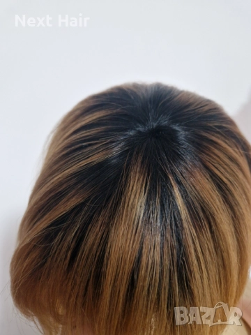 33 см естествена златисто руса омбре перука с тъмни корени и бретон, снимка 7 - Аксесоари за коса - 52029639