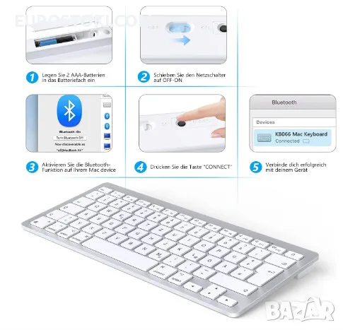 Bluetooth клавиатура OMOTON KB066 за Mac и др., компактна безжична клавиатура, цвят: сребристо/бяло , снимка 3 - Клавиатури и мишки - 56108890